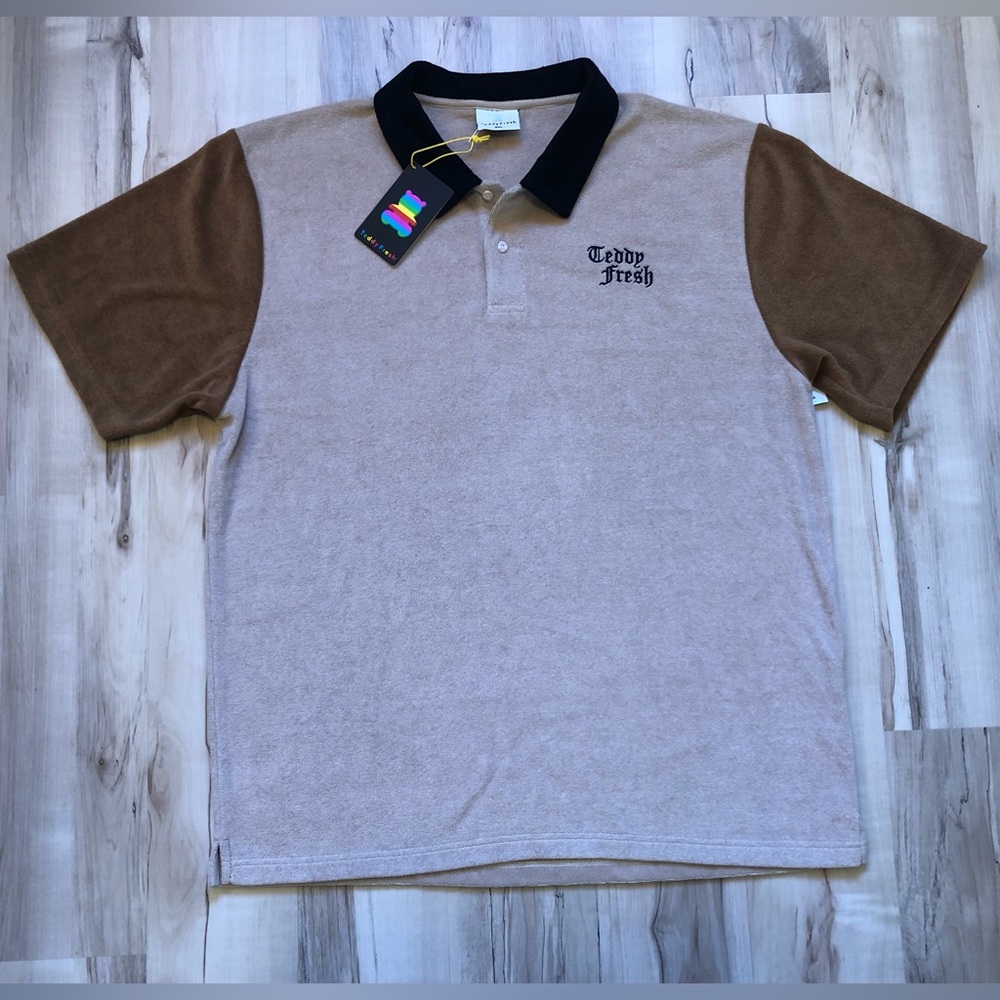 Teddy Fresh Vintage Golf Velour Tan Polo Brown Sleeves Black Collar 100% Cotton
